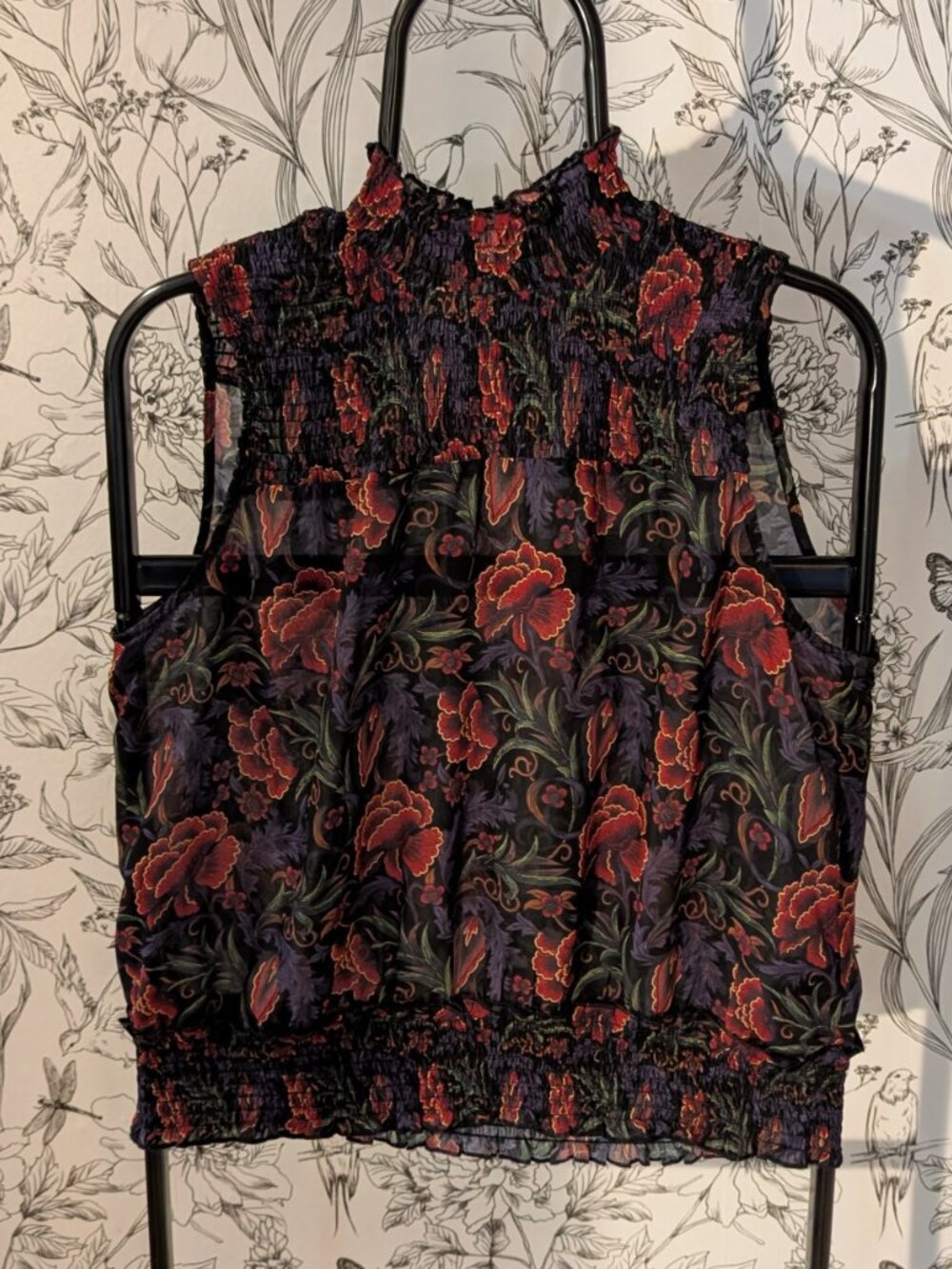 ICÔNE by Simons Floral Smocked Mock Neck Sleeveless Sheer Blouse Size Medium